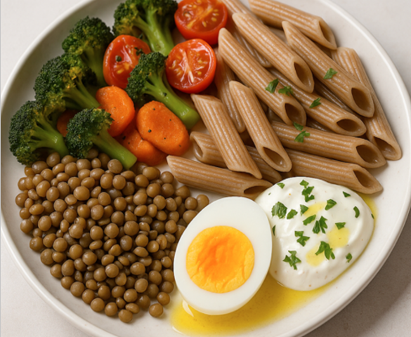 Longetivity Beslenmeye Uygun Ürünler ve Tam Buğday Makarna İçeren Bir Tabak