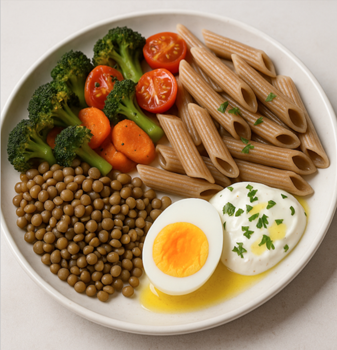 Longetivity Beslenmeye Uygun Ürünler ve Tam Buğday Makarna İçeren Bir Tabak